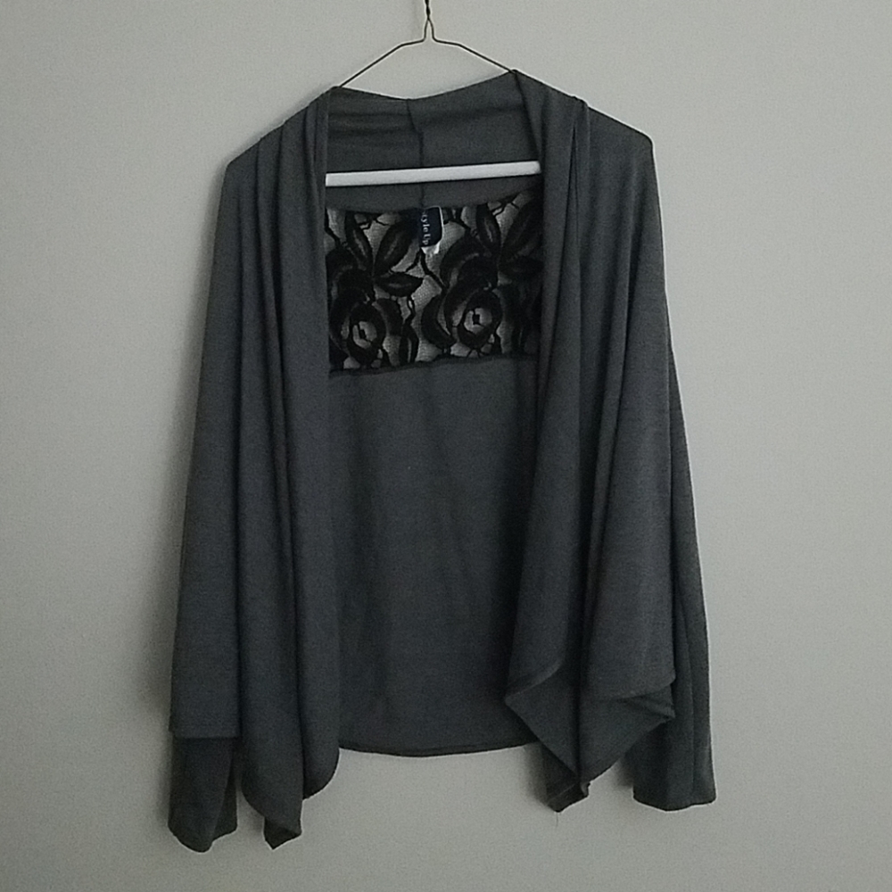 Gray Cardigan with Black Lace Panel in the Back